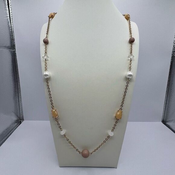 LOFT Station Beaded Bib Necklace Chain Gold Tone Pinks Cream Classic Statement - Picture 1 of 6